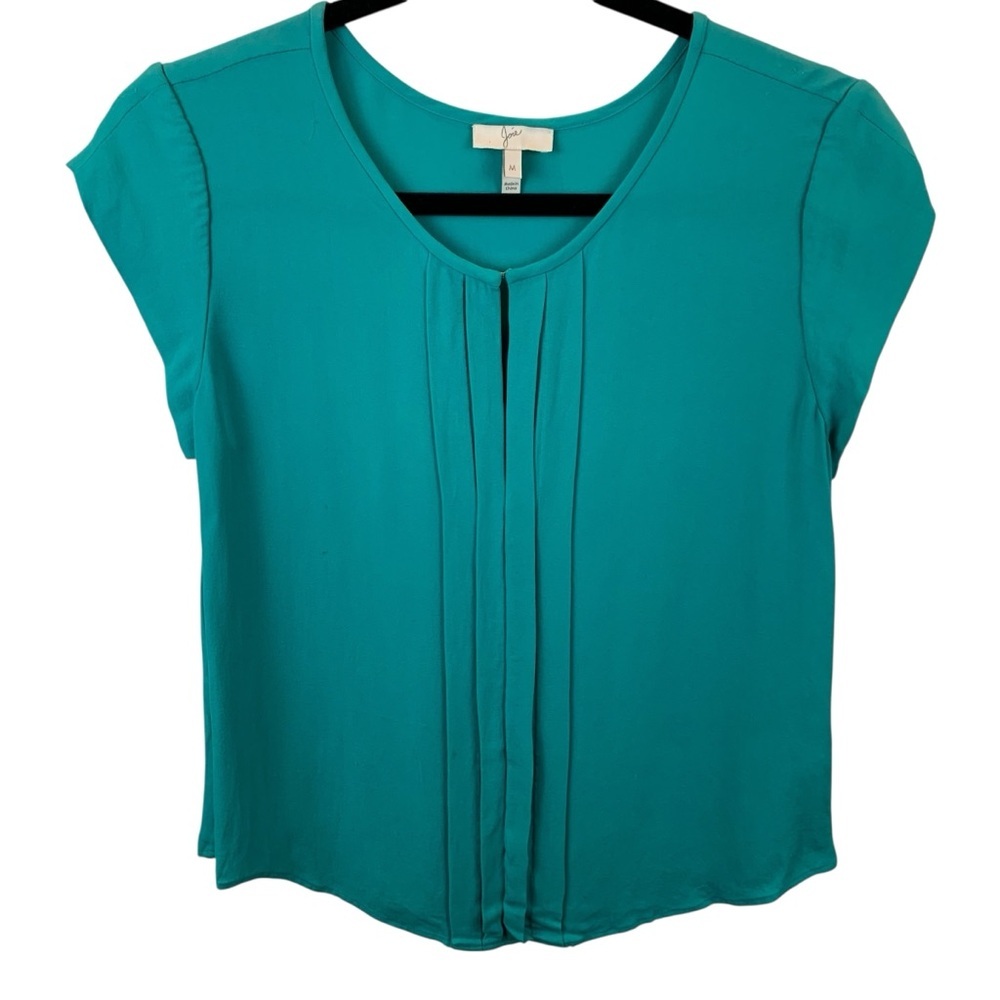 Joie Teal Silk Cap Sleeve Top sz M Front Pleats Keyhole Neckline Office Career